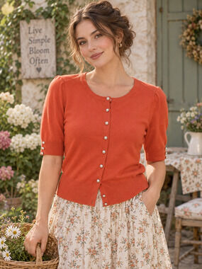 Y2K Grace Sweater Cardigan Ladies Size M Pearl Buttons Orange Office Siren Fall